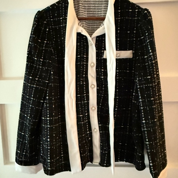 New LUXE TWEED Black + White BOUTIQUE Bow Tie-Neck Pearl Button Down Shirt XL - Picture 9 of 13